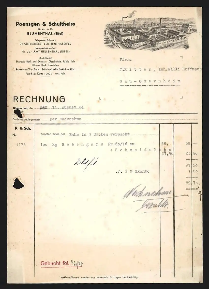 Rechnung Blumenthal /Eifel 1944, Poensgen & Schultheiss Drahtzieherei, Werksgelände aus der Vogelschau