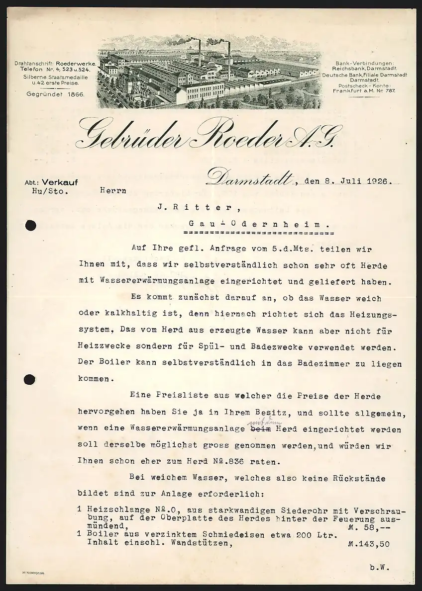 Briefkopf Darmstadt 1926, Gebrüder Roeder A. G., Werkshallen aus der Vogelschau