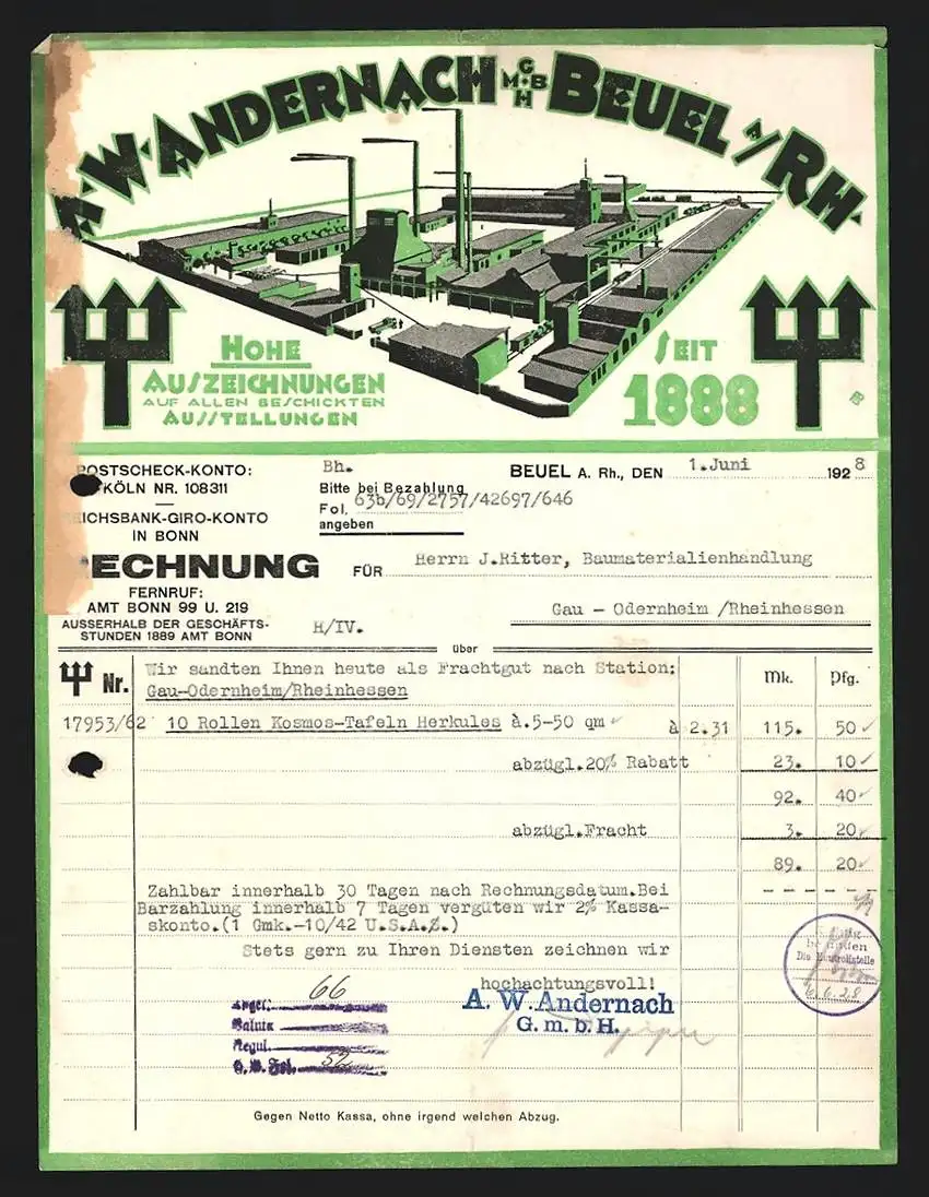 Rechnung Beuel a. Rh. 1928, A. W. Andernach, Fabrikhallen