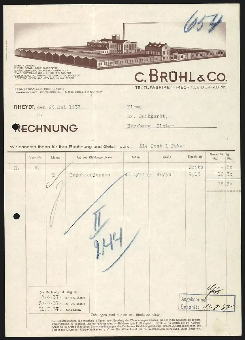 Rechnung Rheydt 1937, C. Brühl & Co. Textilfabriken, Werksgelände