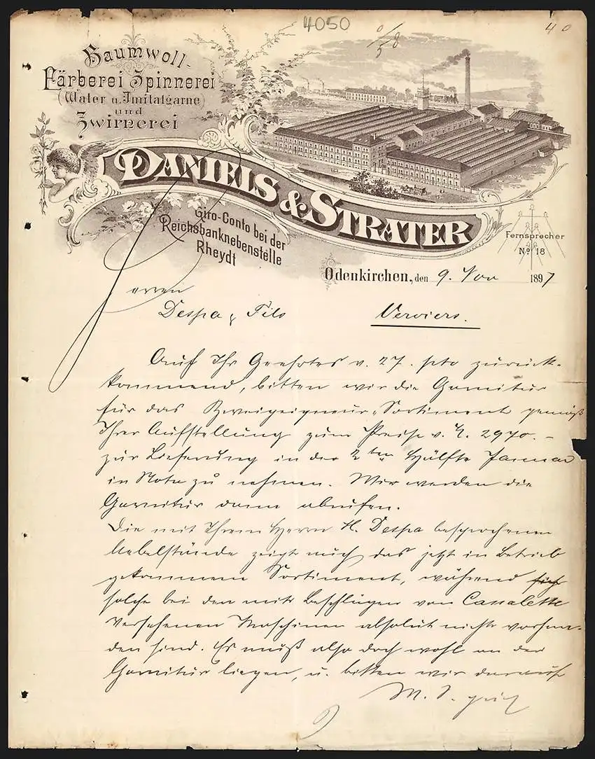 Briefkopf Odenkirchen 1897, Daniels & Strater Baumwoll-Färberei, Fabrikhallen