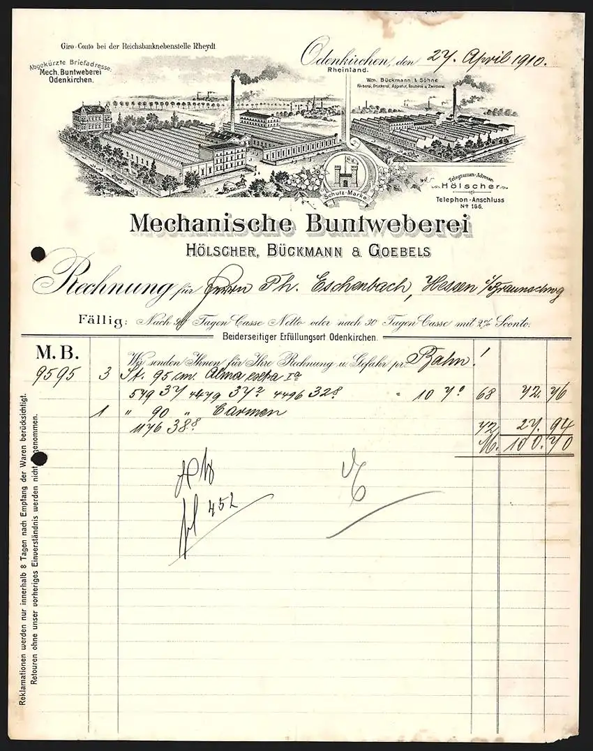 Rechnung Odenkirchen 1910, Mechanische Buntweberei Hölscher, Bückmann & Goebels, Fabrikhallen