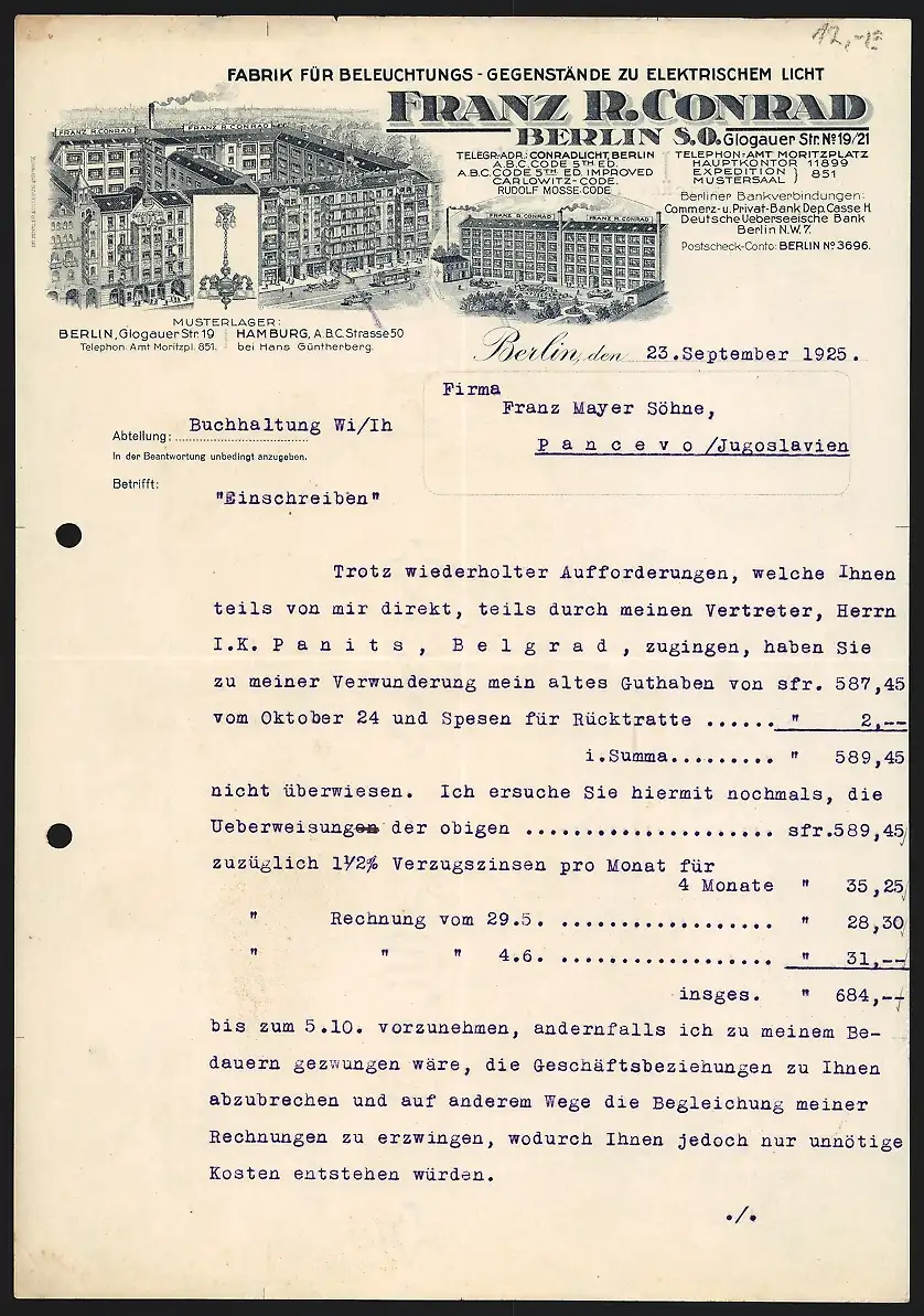 Rechnung Berlin 1925, Franz R. Conrad Beleuchtungsfabrik, Werksgelände, Strassenbahn