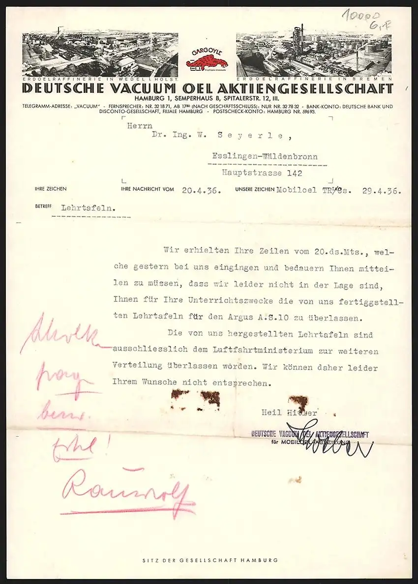 Briefkopf Hamburg 1936, Deutsche Vacuum Oel Aktiengesellschaft, Raffinerien