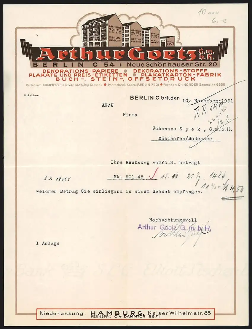 Rechnung Berlin 1931, Arthur Goetz Papierfabrik, Werksgelände