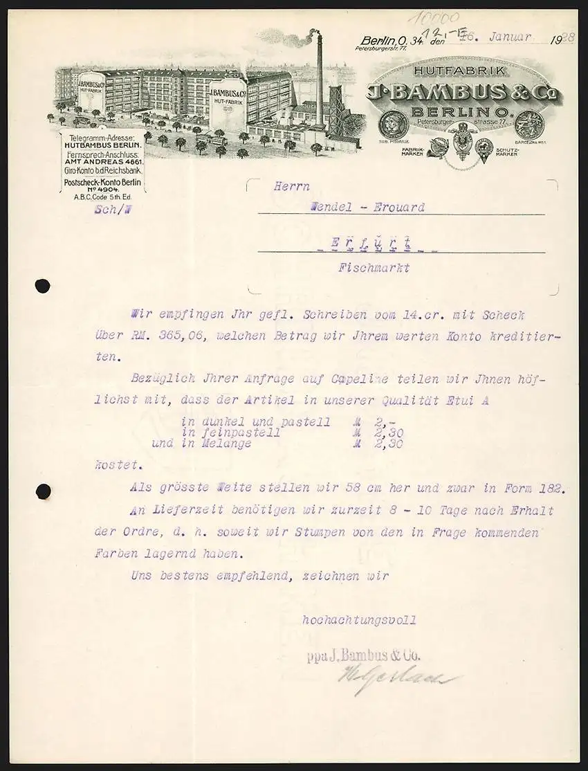 Rechnung Berlin 1928, J. Bambus & Co. Hut-Fabrik, Fabrikgelände, Strassenbahn
