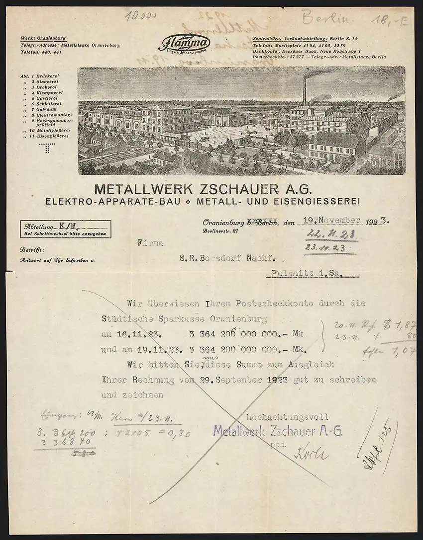 Rechnung Oranienburg 1923, Metallwerk Zschauer A. G., Werksgelände