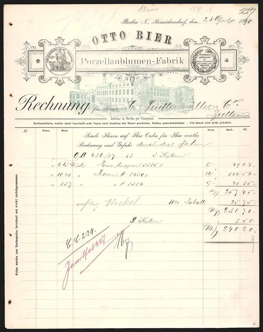 Rechnung Berlin-Reinickendorf 1890, Otto Bier Porzellanblumen-Fabrik, Fabrikgelände