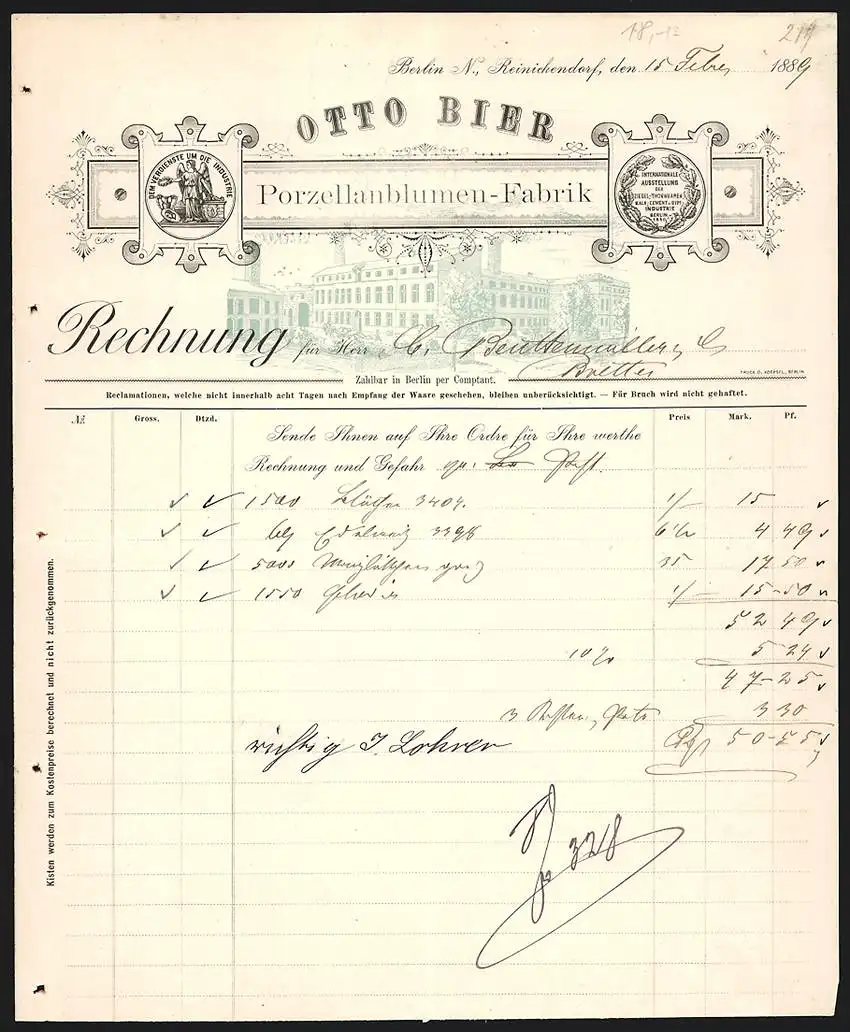 Rechnung Berlin-Reinickendorf 1889, Otto Bier Porzellanblumen-Fabrik, Fabrikgelände