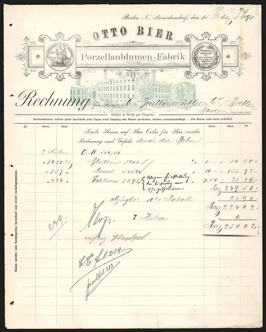 Rechnung Berlin-Reinickendorf 1890, Otto Bier Porzellanblumen-Fabrik, Fabrikgelände