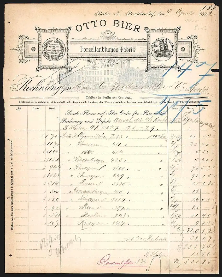 Rechnung Berlin-Reinickendorf 1892, Otto Bier Porzellanblumen-Fabrik, Fabrikgelände