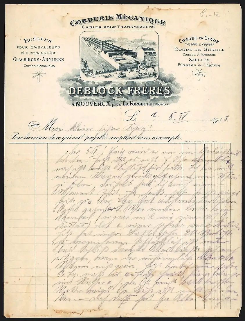 Rechnung Mouveaux 1918, Corderie Mécanique Deblock Frères, Werkshallen