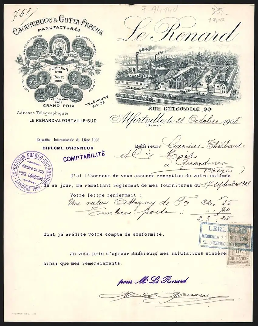 Rechnung Alfortville 1908, Le Renard Caoutchouc & Gutta Percha Manufacturés, Fabrikhallen