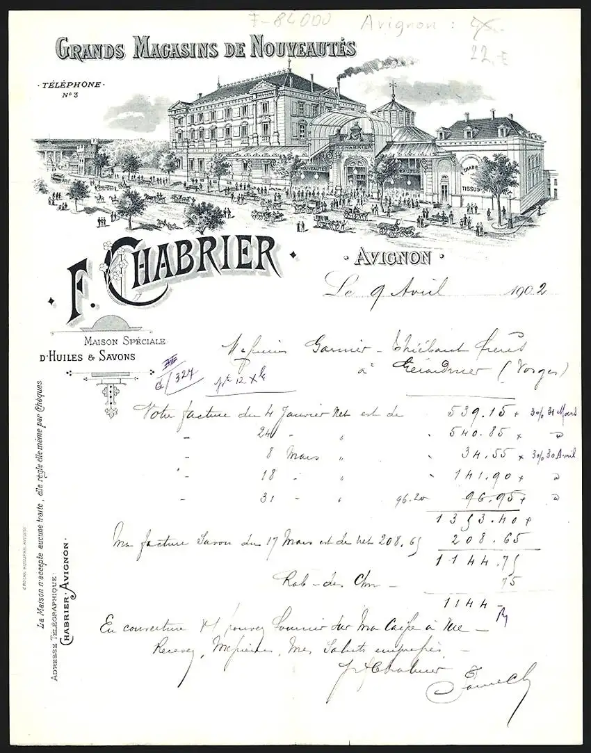 Rechnung Avignon 1902, F. Chabrier Grands Magasins de Noveautés, Geschäftshaus