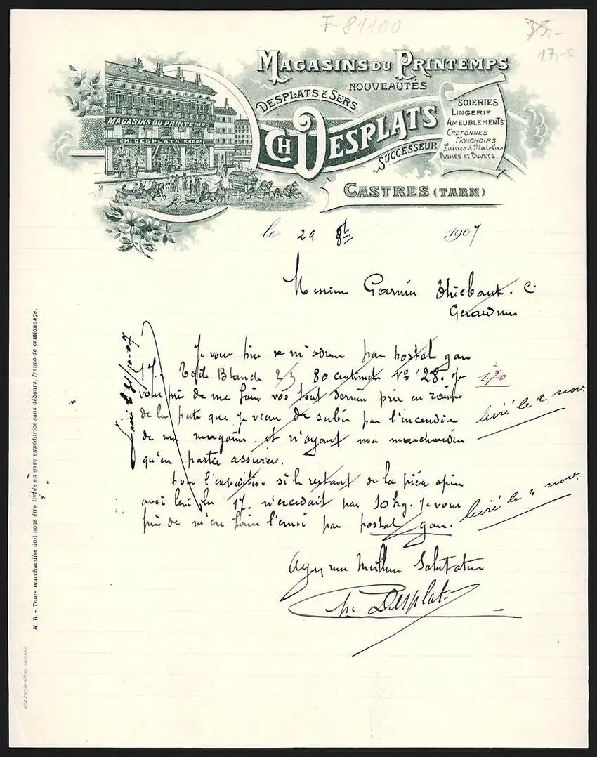 Briefkopf Castres 1907, Magasins du Printemps Ch. Desplats, Ladengeschäft