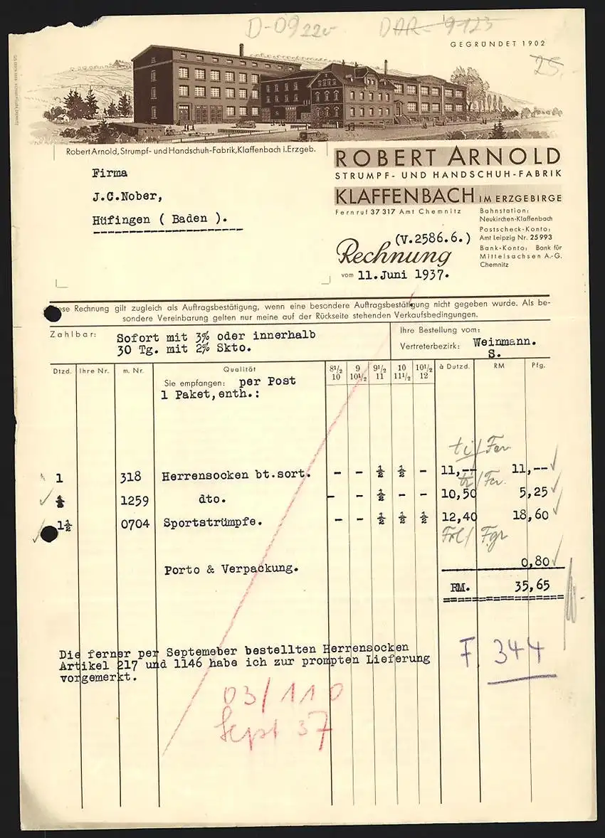 Rechnung Klaffenbach i. Erzgebirge 1937, Robert Arnold Strump- u. Handschuh-Fabrik, Fabrikgelände