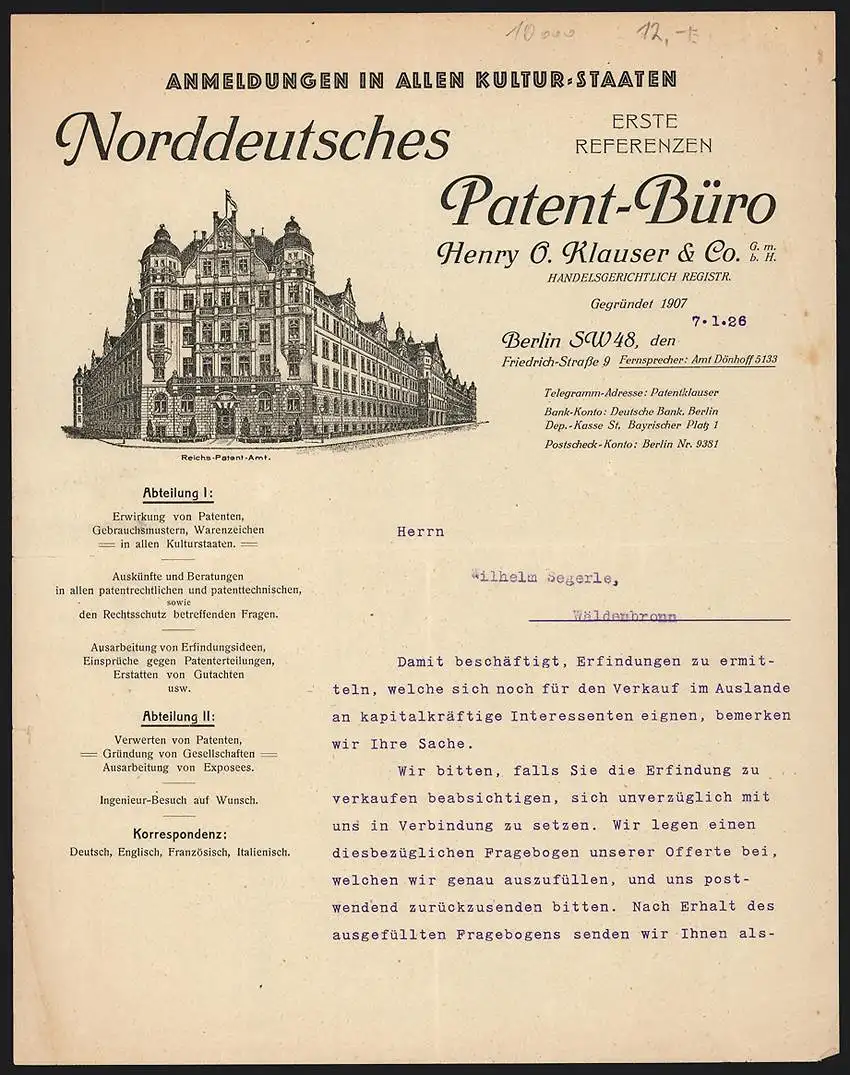 Briefkopf Berlin 1926, Norddeutsches Patent-Büro Henry O. Klauser & Co., Reichs-Patent-Amt