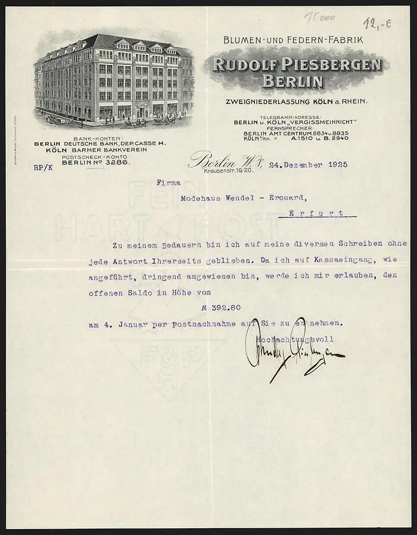Briefkopf Berlin 1925, Rudolf Piesbergen Blumen- u. Federn-Fabrik, Geschäftshaus