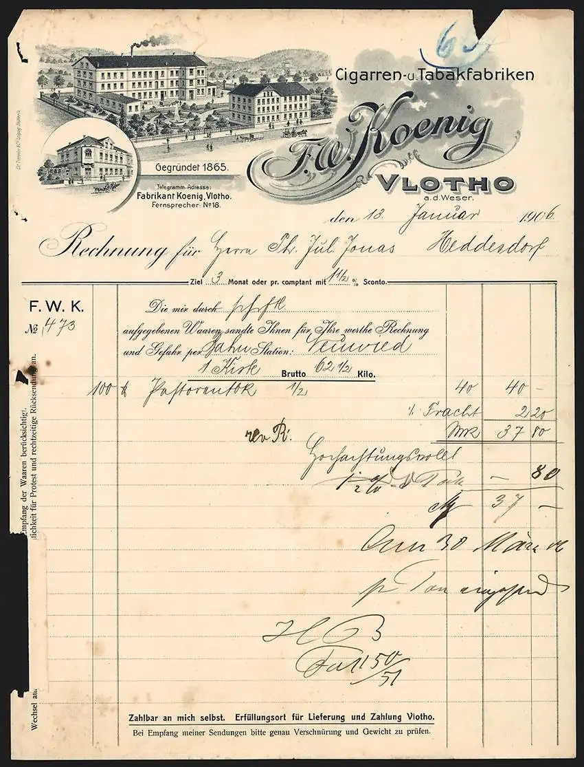 Rechnung Vlotho 1906, F. W. Koenig Cigarren- u. Tabakfabriken, Betriebsgelände