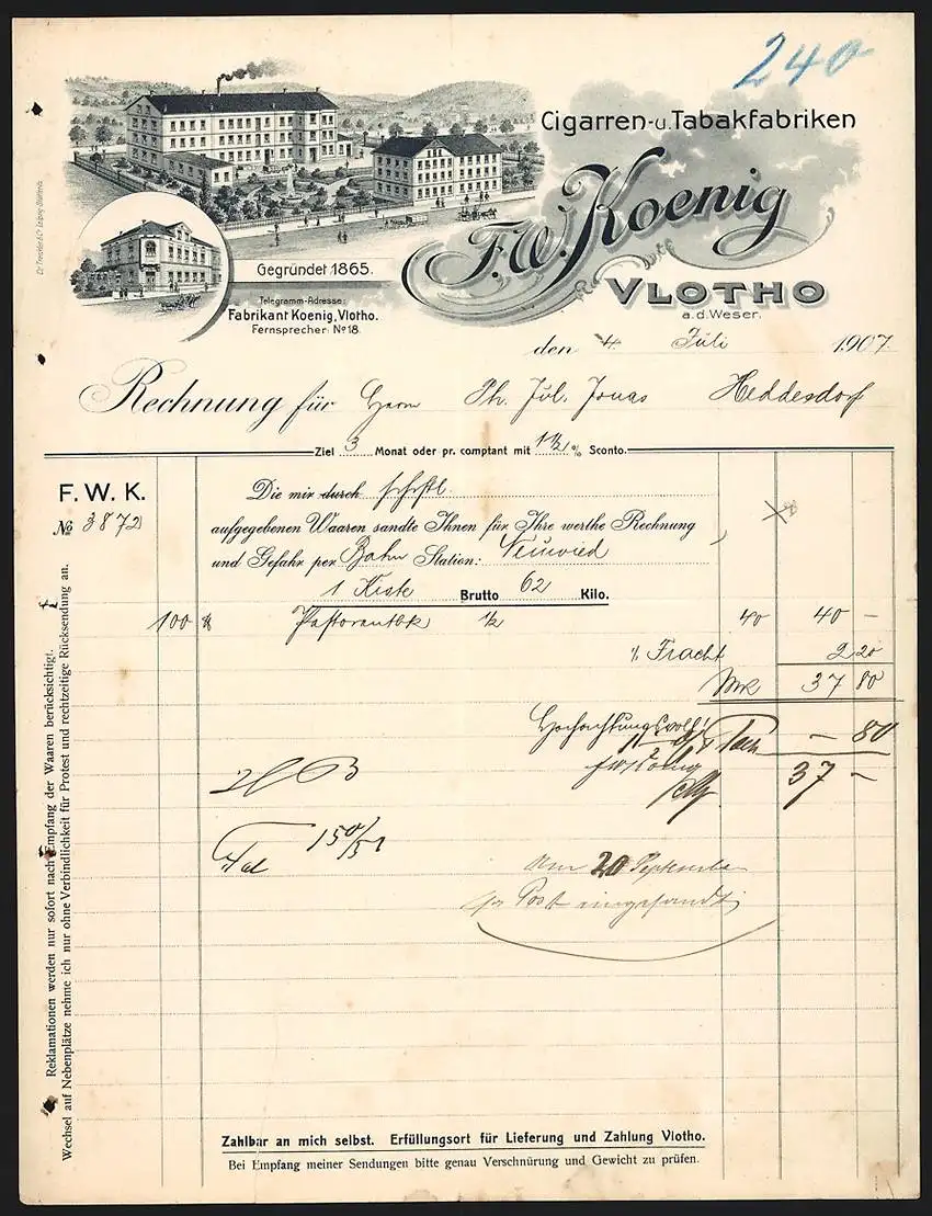 Rechnung Vlotho 1907, F. W. Koenig Cigarren- u. Tabakfabriken, Betriebsgelände