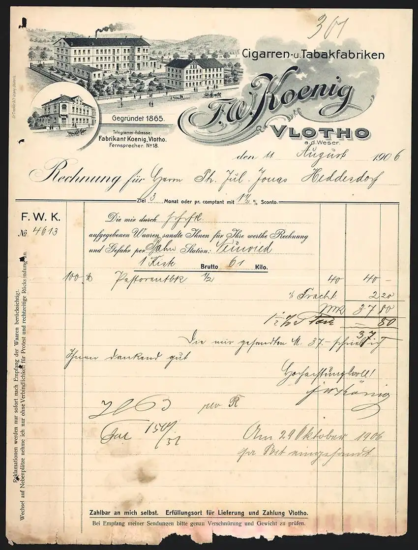 Rechnung Vlotho 1906, F. W. Koenig Cigarren- u. Tabakfabriken, Betriebsgelände mit Park