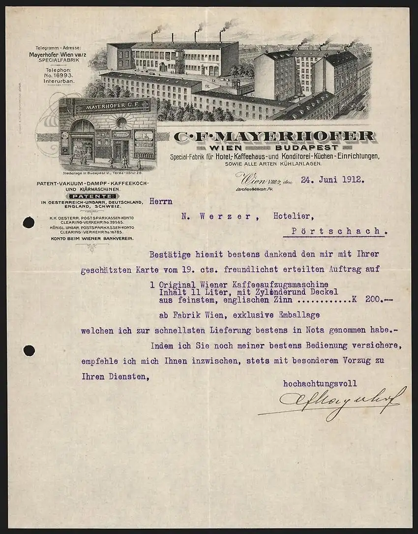 Rechnung Wien 1912, C. F. Mayerhofer Hoteleinrichtungen, Fabrikgelände, Filiale