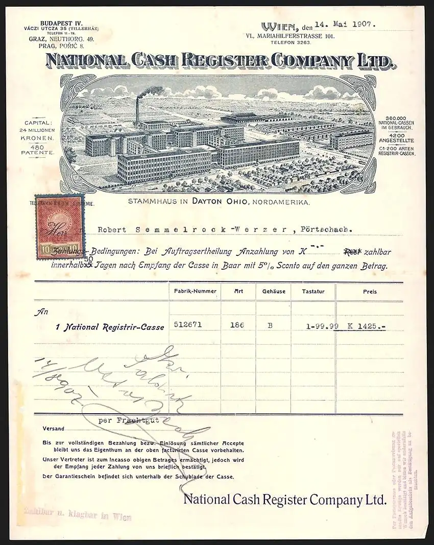 Rechnung Wien 1907, National Cash Register Company Ltd., Stammhaus in Dayton