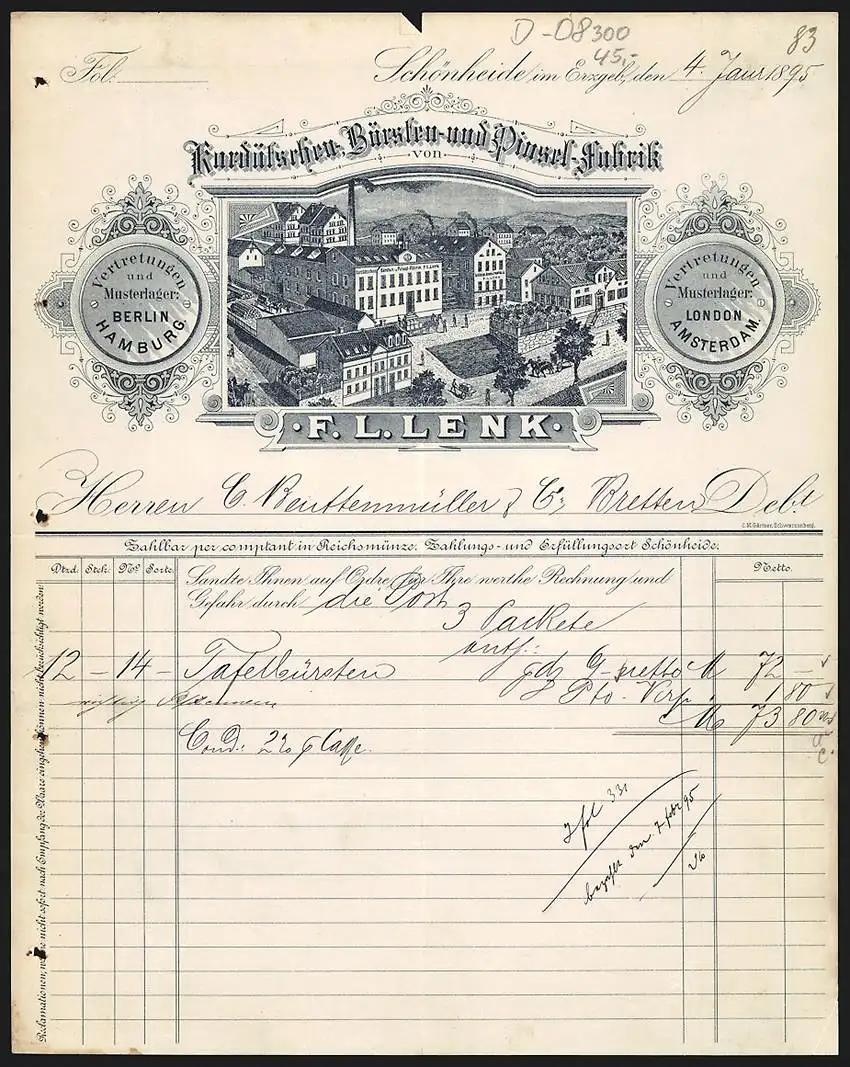 Rechnung Schönheide im Erzgeb. 1895, F. L. Lenk, Kardätschen-, Bürsten- & Pinsel-Fabrik, Betriebsansicht