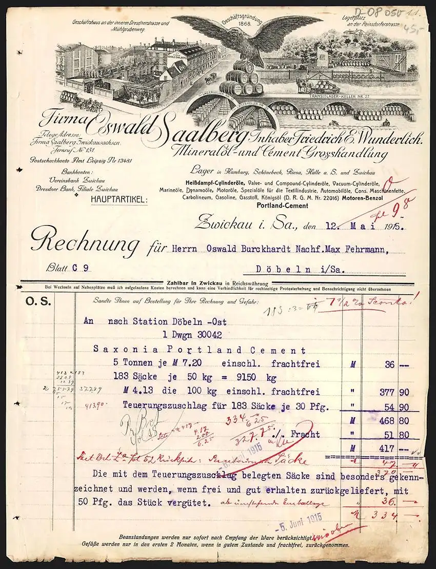 Rechnung Zwickau i. Sa. 1915, Oslwald Saalberg, Mineralöl- & Cement Grosshandlung, Fabrikgelände und Transitlager-Keller