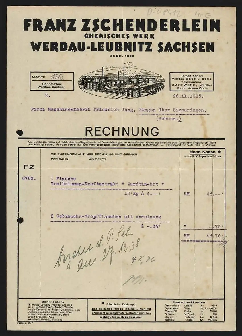 Rechnung Werdau-Leubnitz 1938, Franz Zschenderlein, Chemisches Werk, Gesamtansicht der Fabrikanlage
