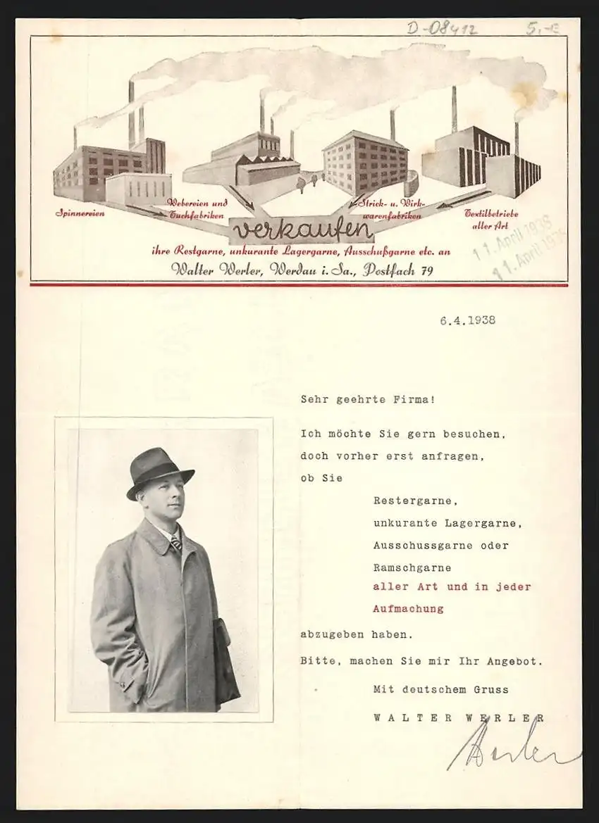 Rechnung Werdau i. Sa. 1938, Walter Werler, Garn-Ankauf, Fabriken verschiedener Arten verkaufen ihre Waren, Portrait