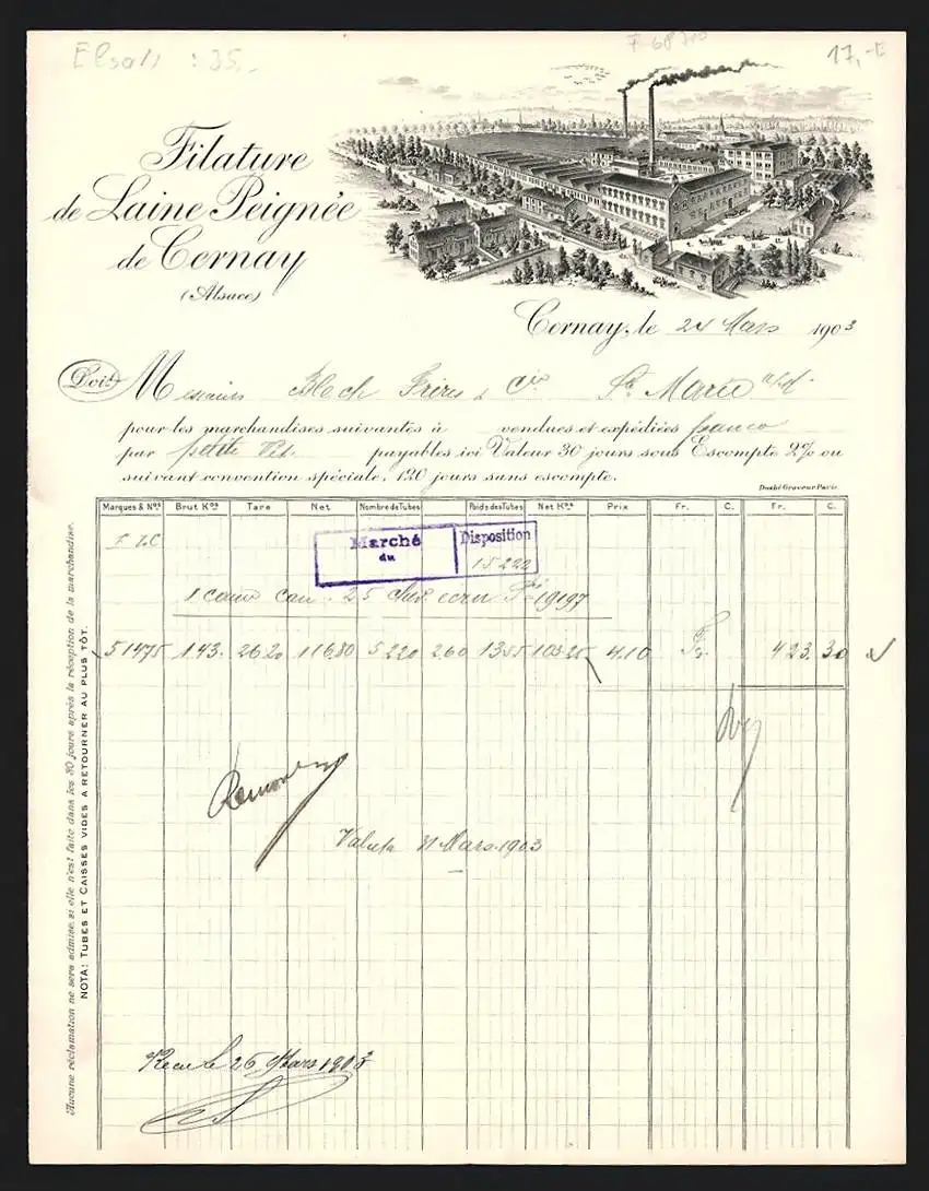 Rechnung Cernay 1903, Filature de Laine Peignée de Cernay, Gesamtansicht des Betriebsgeländes aus der Vogelschau