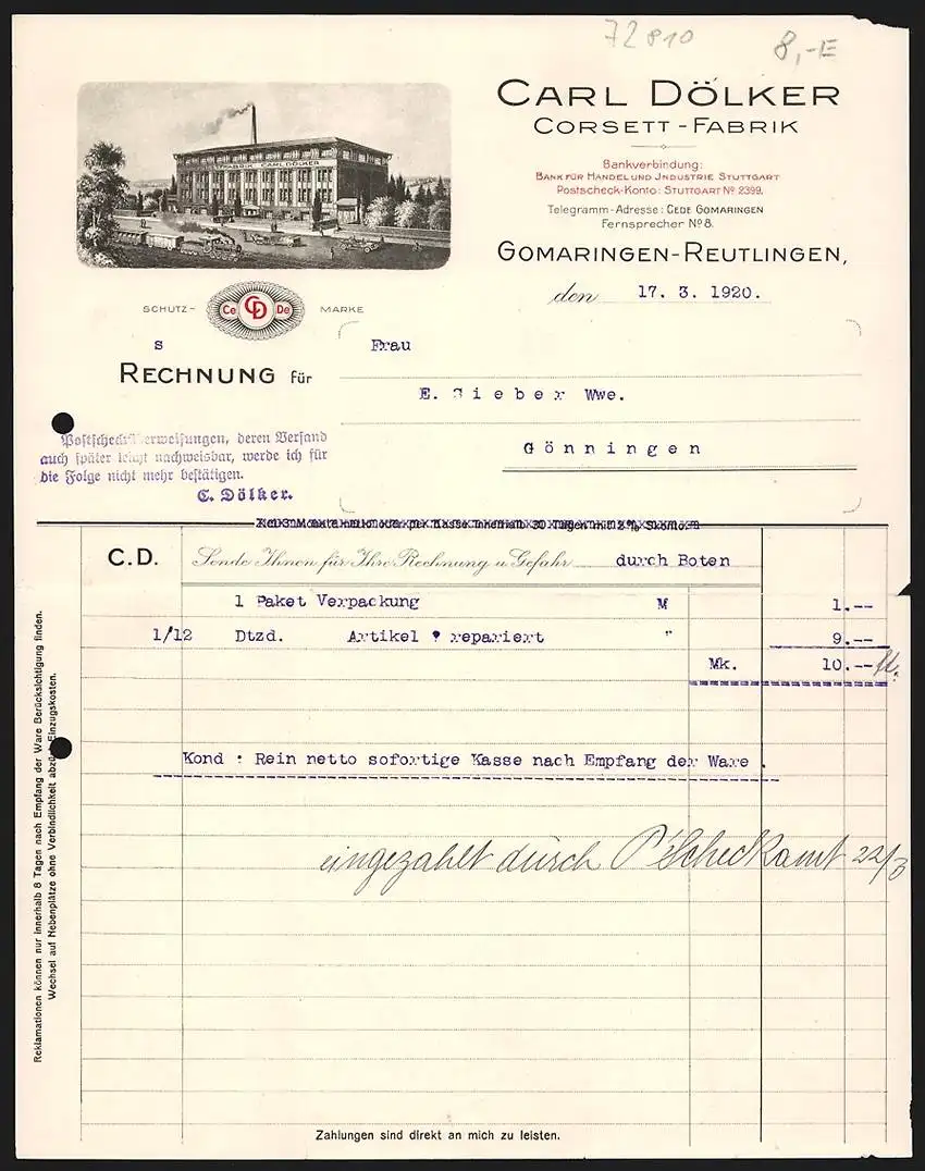 Rechnung Gomaringen-Reutlingen 1920, Carl Dölker, Corsett-Fabrik, Transportfahrzeuge vor der Fabrik, Schutzmarke