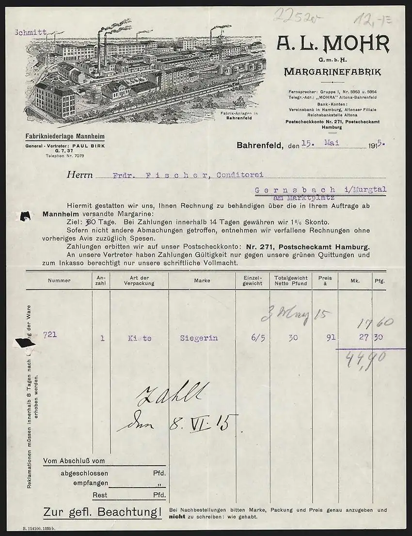 Rechnung Bahrenfeld 1915, A. L. Mohr GmbH, Margarinefabrik, Gesamtansicht des Fabrikgeländes mit Gleisanlage