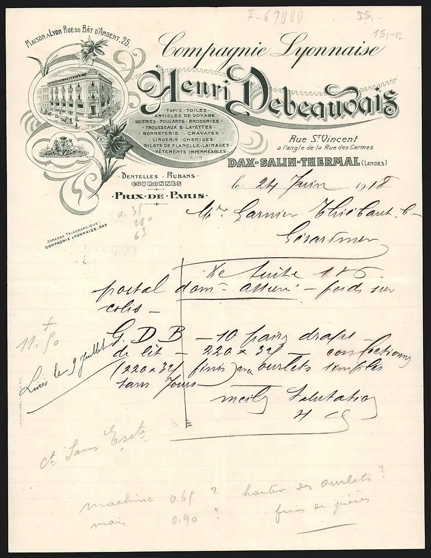 Rechnung Dax / Landes, Salin-Thermal 1918, Henri Debeaudais, Compagnie Lyonnaise, Ladenansicht