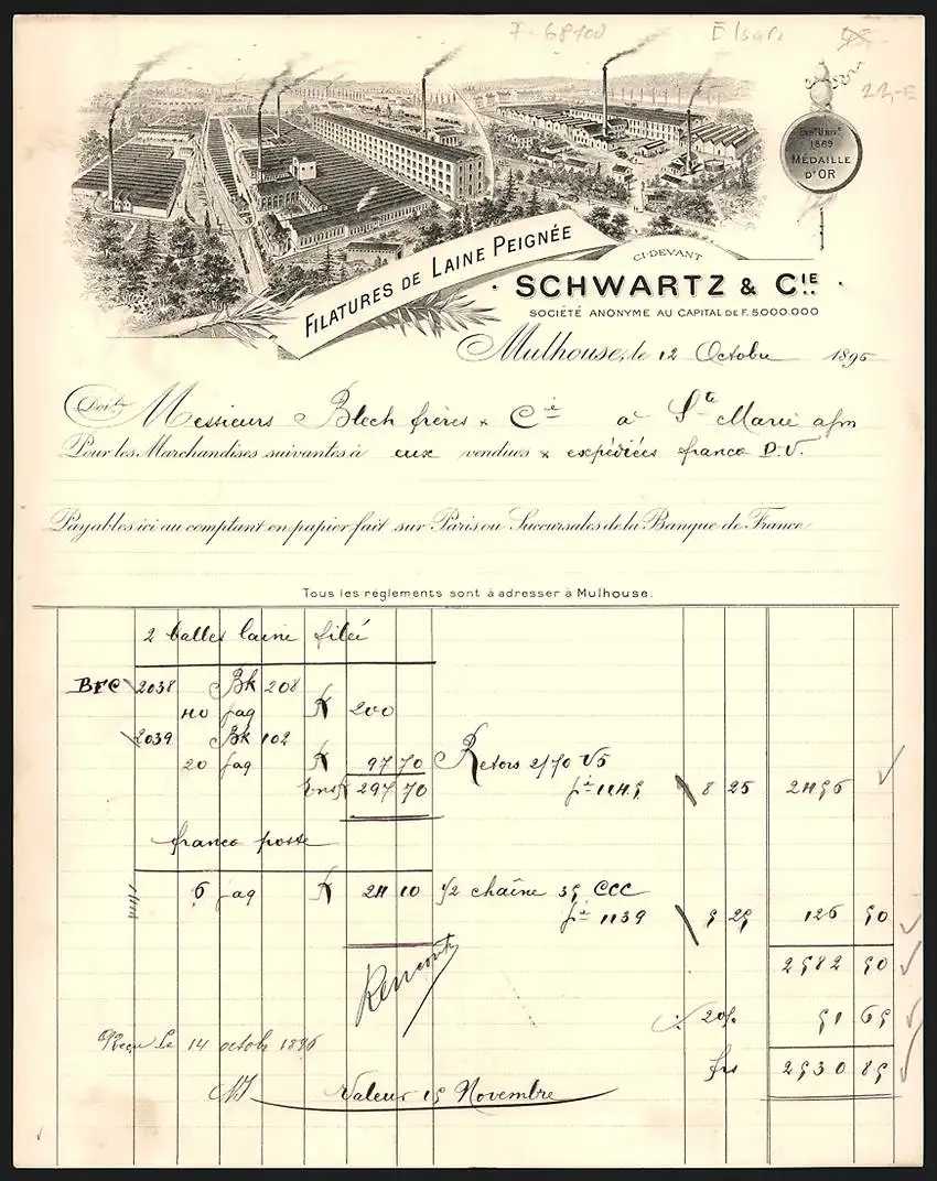 Rechnung Mulhouse 1895, Schwartz & Cie., Filatures de Laine Peignée, Fabrikansicht und Preis-Medaille 1889