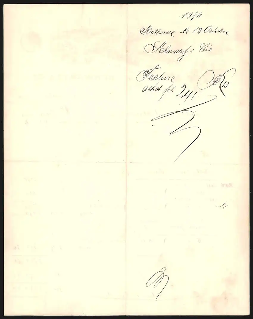 Rechnung Mulhouse 1895, Schwartz & Cie., Filatures de Laine Peignée, Fabrikansicht und Preis-Medaille 1889