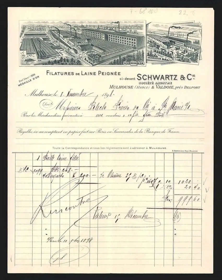 Rechnung Mulhouse 1898, Schwartz & Cie., Filatures de Laine Peignée, Werke in Mulhouse und Valdoie