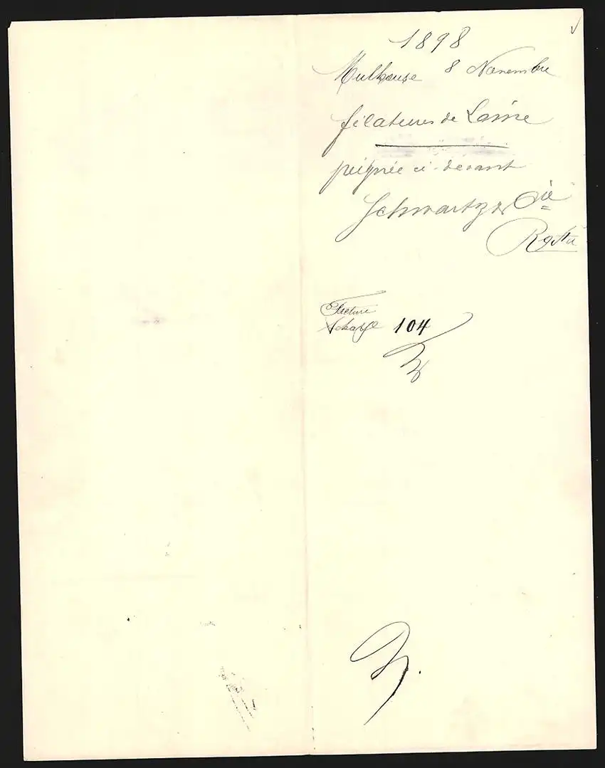 Rechnung Mulhouse 1898, Schwartz & Cie., Filatures de Laine Peignée, Werke in Mulhouse und Valdoie