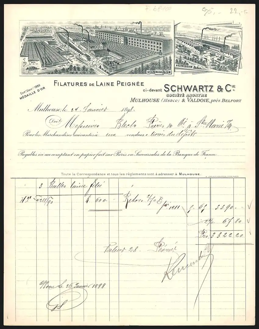 Rechnung Mulhouse 1898, Schwartz & Cie., Filatures de Laine Peignée, Ansichten der Werke in Mulhouse und Valdoie