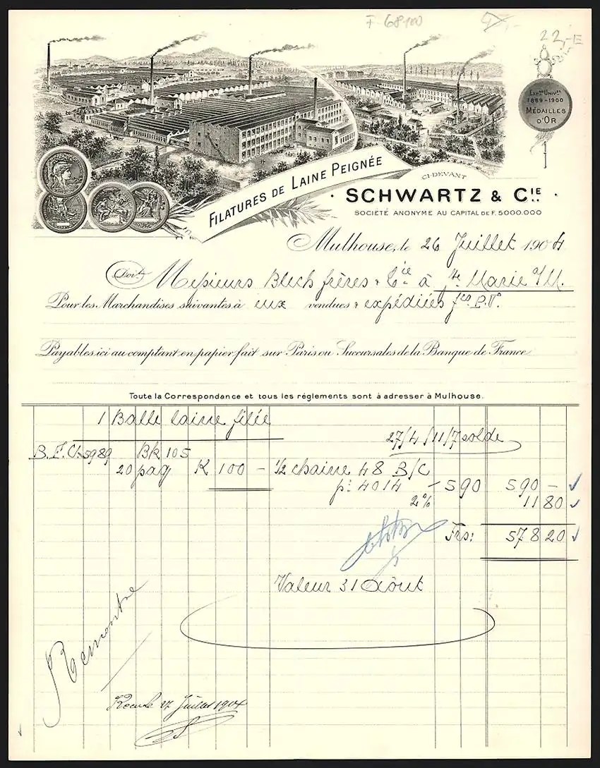 Rechnung Mulhouse 1904, Schwartz & Cie., Filatures de Laine Peignée, Fabrikansicht und Preis-Medaille 1889
