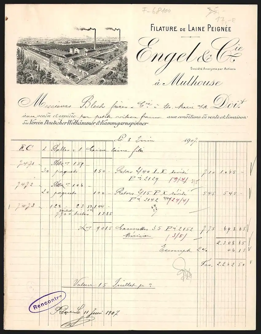 Rechnung Mulhouse 1907, Engel & Cie., Filature de Laine Peignée, Gesamtansicht des Werkes aus der Vogelschau