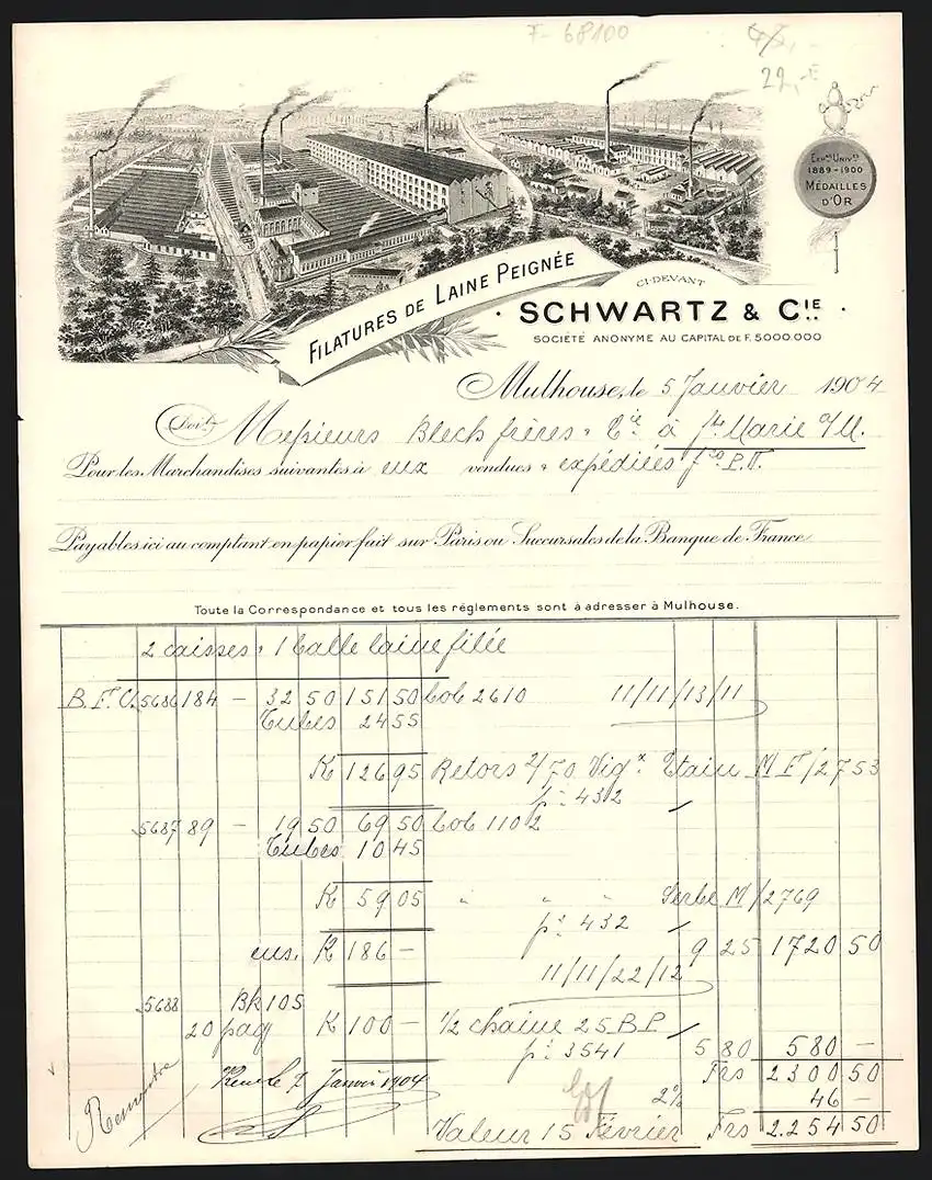 Rechnung Mulhouse 1904, Schwartz & Cie., Filatures de Laine Peignée, Betriebsansicht und Preis-Medaille 1889