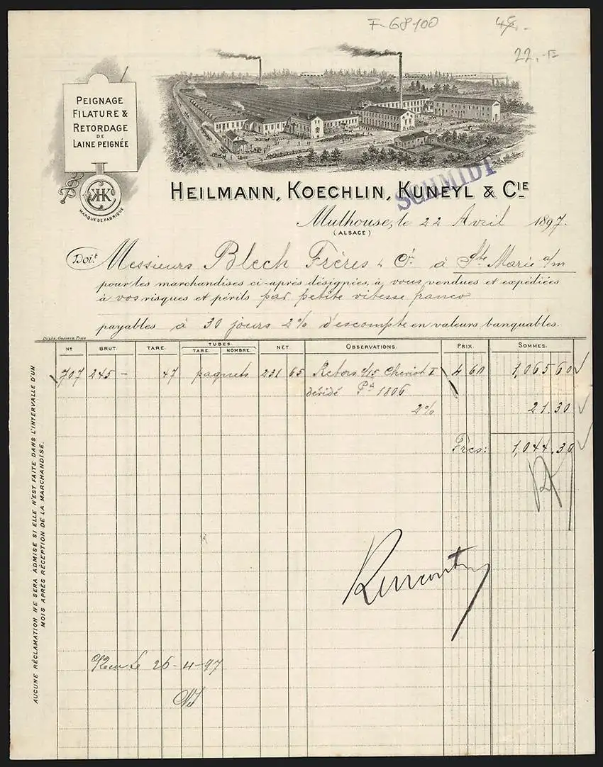 Rechnung Mulhouse 1897, Heilmann, Koechlin, Kuneyl & Cie., Peignage, Filature & Retordage de Laine Peignée, Werkansicht