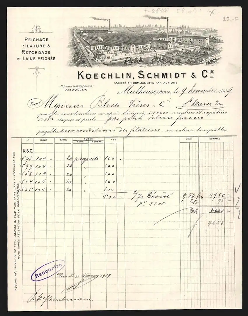 Rechnung Mulhouse 1909, Koechlin, Schmidt & Cie., Peignage, Filature & Retordage de Laine Peignée, Fabrikansicht