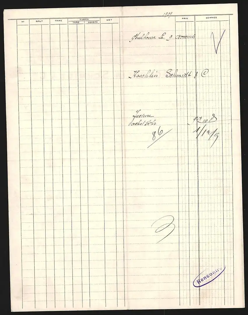 Rechnung Mulhouse 1909, Koechlin, Schmidt & Cie., Peignage, Filature & Retordage de Laine Peignée, Fabrikansicht