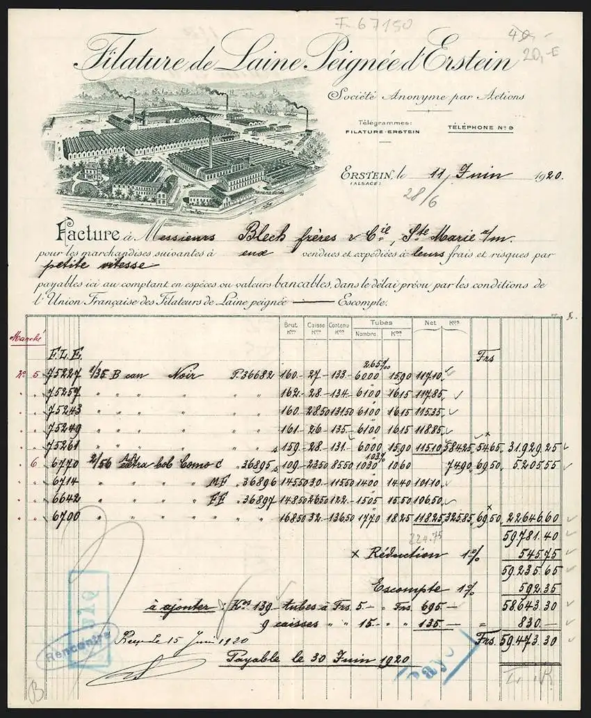 Rechnung Erstein 1920, Filature de Laine Peignée d`Erstein, Gesamtansicht des Betriebsgeländes aus der Vogelschau