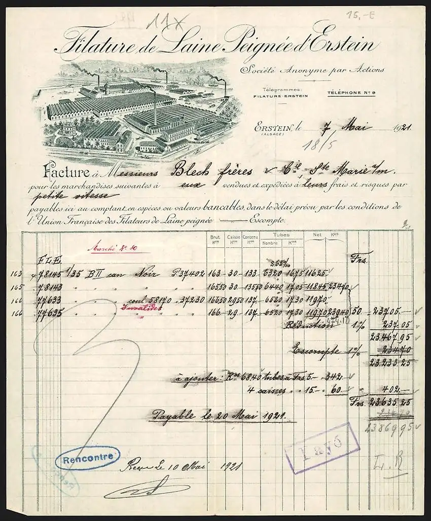 Rechnung Erstein 1921, Filature de Laine Peignée d`Erstein, Gesamtansicht des Betriebsgeländes aus der Vogelschau