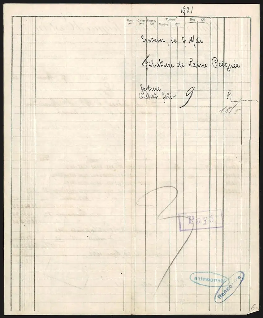 Rechnung Erstein 1921, Filature de Laine Peignée d`Erstein, Gesamtansicht des Betriebsgeländes aus der Vogelschau