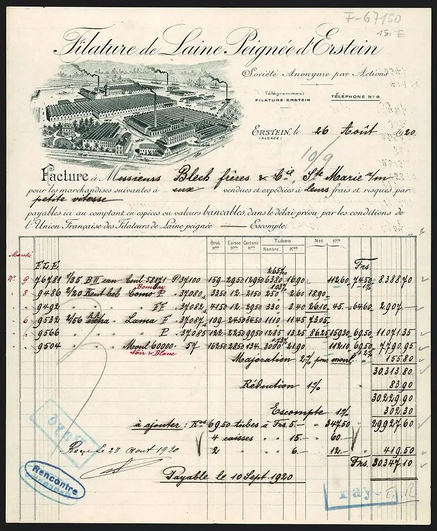 Rechnung Erstein 1920, Filature de Laine Peignée d`Erstein, Gesamtansicht des Fabrikgeländes aus der Vogelschau